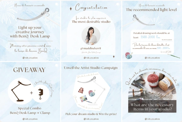 Six original pale-blue campaign creatives, including studio voting and a partner giveaway.