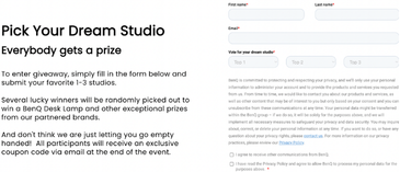 Original Pick Your Dream Studio campaign page, with giveaway instructions and an empty studio-voting form.
