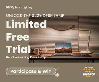 Original Unlock the $229 Desk Lamp free-trial campaign advertisement with a desk setup and BenQ e-Reading lamp.