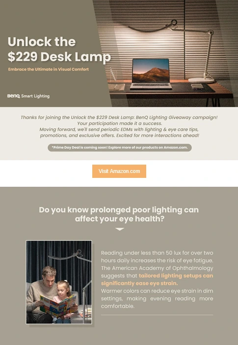 Opening email content for the BenQ desk-lamp campaign, beginning with the campaign reminder