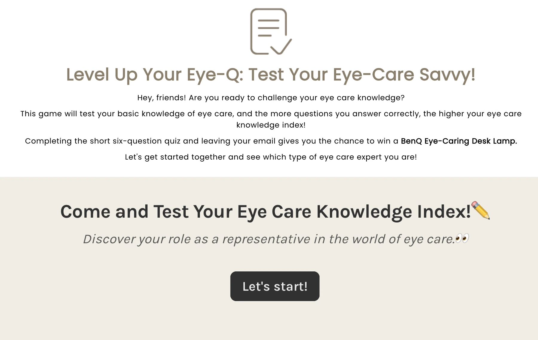 Eye-care quiz explanation followed by the quiz start screen