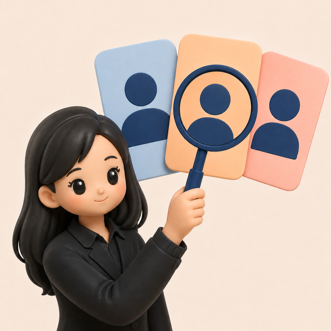 Illustrative diagram: a long-haired woman in a black blazer holds a magnifier in front of three audience cards.