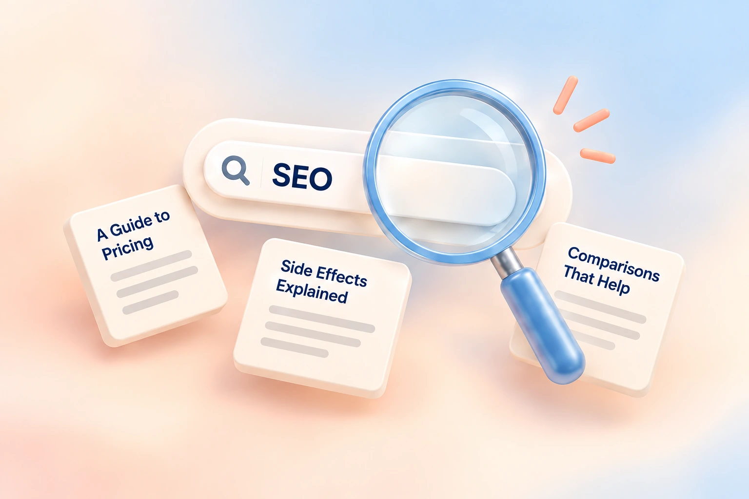 SEO search bar and magnifying glass with pricing, side effects and comparison articles